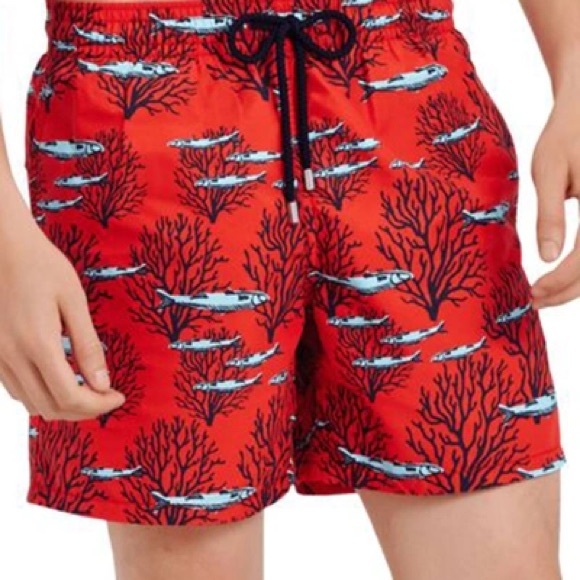 Vilebrequin Men’s Red Swim Trunks with Shark and Coral Design size XL